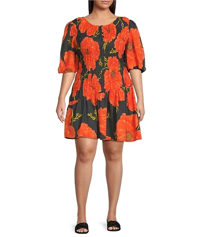Never Fully Dressed Plus Nara Poppy Floral Crew Neck Puff Sleeve Mini Dress