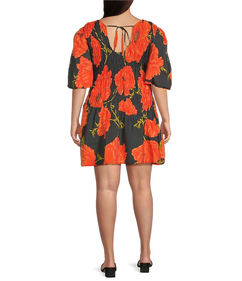 Never Fully Dressed Plus Nara Poppy Floral Crew Neck Puff Sleeve Mini Dress