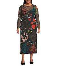 Never Fully Dressed Plus Night Garden Crew Neck Long Sleeves Sheer Mesh Coordinating Tee