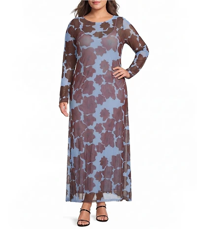 Never Fully Dressed Plus Size Aria Mesh Jaden Floral Printed Boat Neck Long Sleeve Maxi Dress