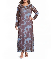 Never Fully Dressed Plus Size Aria Mesh Jaden Floral Printed Boat Neck Long Sleeve Maxi Dress