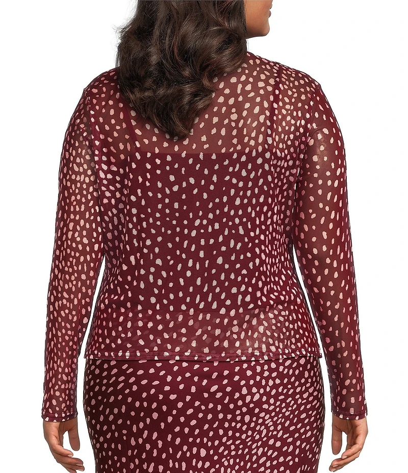 Never Fully Dressed Plus Size Burgundy Deer Printed Round Neck Long Sleeve Mesh Top