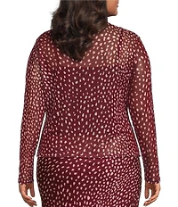 Never Fully Dressed Plus Size Burgundy Deer Printed Round Neck Long Sleeve Mesh Top