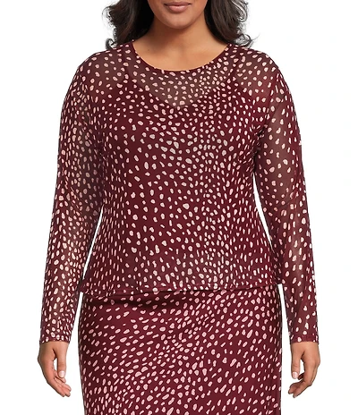 Never Fully Dressed Plus Size Burgundy Deer Printed Round Neck Long Sleeve Mesh Top