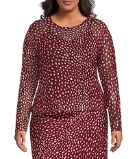 Never Fully Dressed Plus Size Burgundy Deer Printed Round Neck Long Sleeve Mesh Top