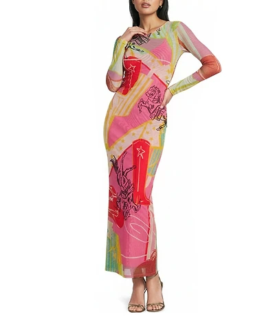 Never Fully Dressed Plus Size Dallas Western Motif Print Crew Neck Long Sleeve Mesh Maxi Dress