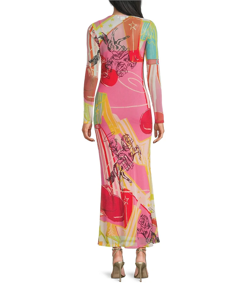 Never Fully Dressed Plus Size Dallas Western Motif Print Crew Neck Long Sleeve Mesh Maxi Dress
