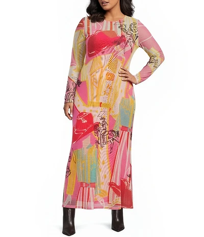 Never Fully Dressed Plus Size Dallas Western Motif Print Crew Neck Long Sleeve Mesh Maxi Dress