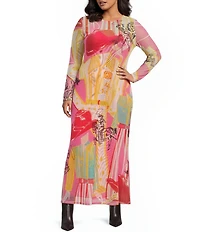 Never Fully Dressed Plus Size Dallas Western Motif Print Crew Neck Long Sleeve Mesh Maxi Dress