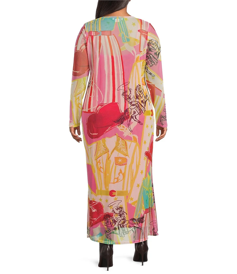 Never Fully Dressed Plus Size Dallas Western Motif Print Crew Neck Long Sleeve Mesh Maxi Dress