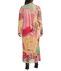 Never Fully Dressed Plus Size Dallas Western Motif Print Crew Neck Long Sleeve Mesh Maxi Dress