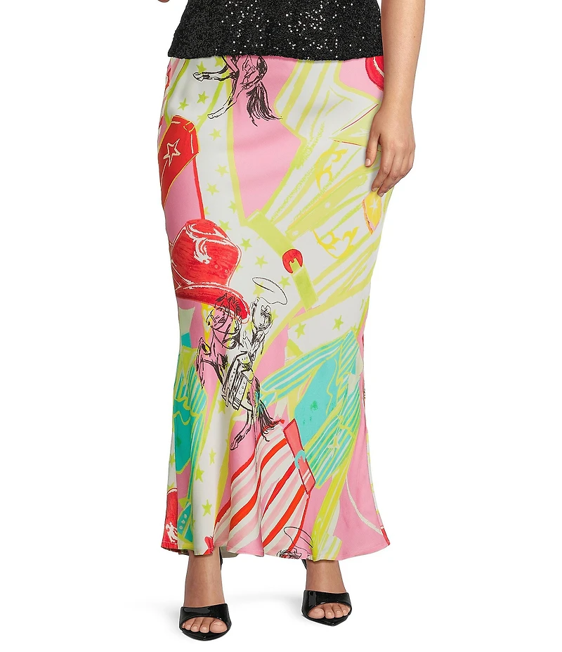 Never Fully Dressed Plus Size Dorris Abstract Western Motif Satin Maxi Skirt