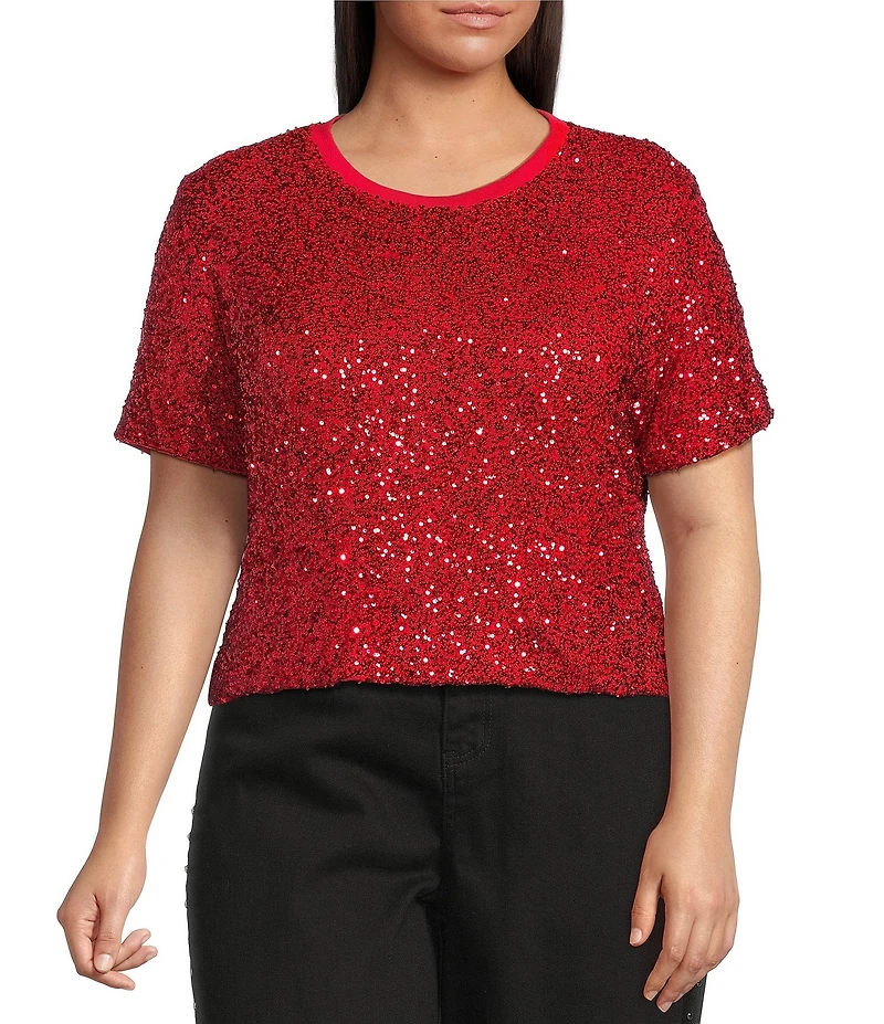 Never Fully Dressed Plus Size Sequin Crew Neck Short Sleeve Top