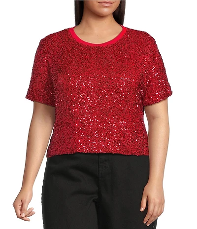 Never Fully Dressed Plus Size Sequin Crew Neck Short Sleeve Top