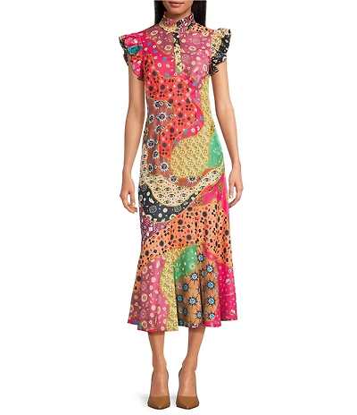 Never Fully Dressed Remi Morocco Print Ruffle Round Neck Cap Sleeve Dress