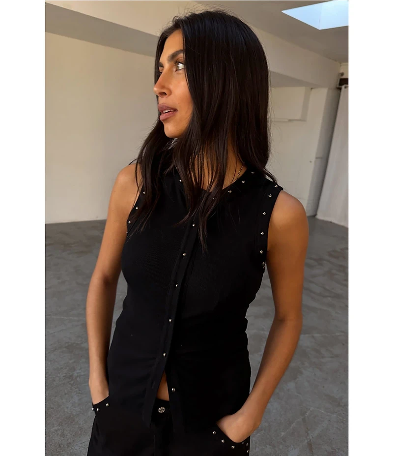 Never Fully Dressed Ribbed Knit Crew Neck Sleeveless Studded Button Front Tank