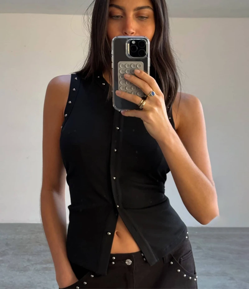 Never Fully Dressed Ribbed Knit Crew Neck Sleeveless Studded Button Front Tank
