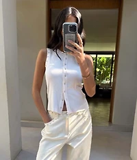 Never Fully Dressed Ribbed Knit Crew Neck Sleeveless Studded Button Front Tank