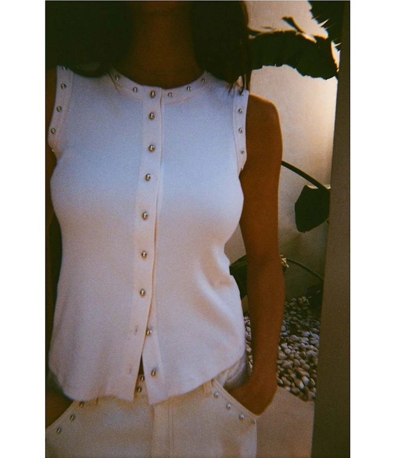Never Fully Dressed Ribbed Knit Crew Neck Sleeveless Studded Button Front Tank