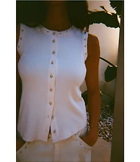 Never Fully Dressed Ribbed Knit Crew Neck Sleeveless Studded Button Front Tank
