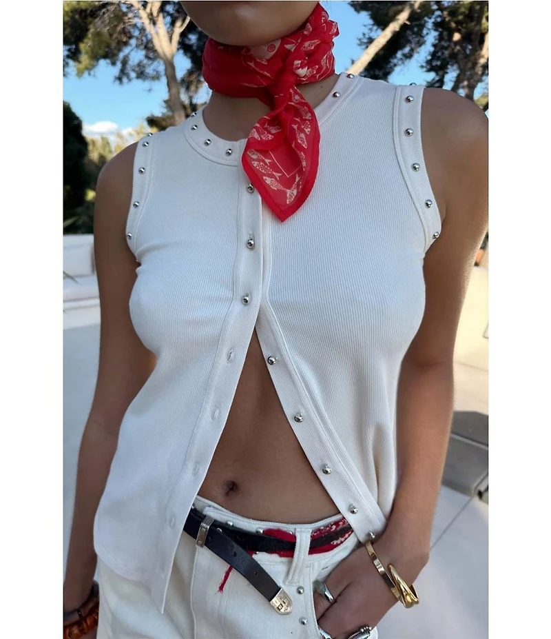 Never Fully Dressed Ribbed Knit Crew Neck Sleeveless Studded Button Front Tank