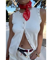 Never Fully Dressed Ribbed Knit Crew Neck Sleeveless Studded Button Front Tank