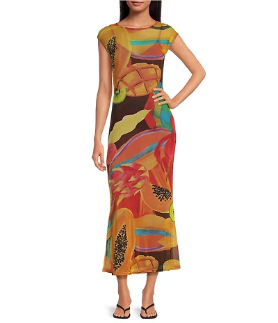 Never Fully Dressed Rio Printed Boat Neck Cap Sleeve Mesh Midi Dress