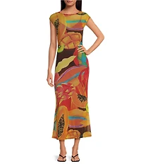 Never Fully Dressed Rio Printed Boat Neck Cap Sleeve Mesh Midi Dress