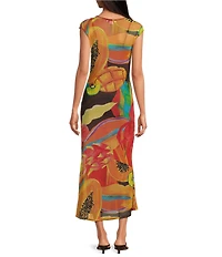 Never Fully Dressed Rio Printed Boat Neck Cap Sleeve Mesh Midi Dress
