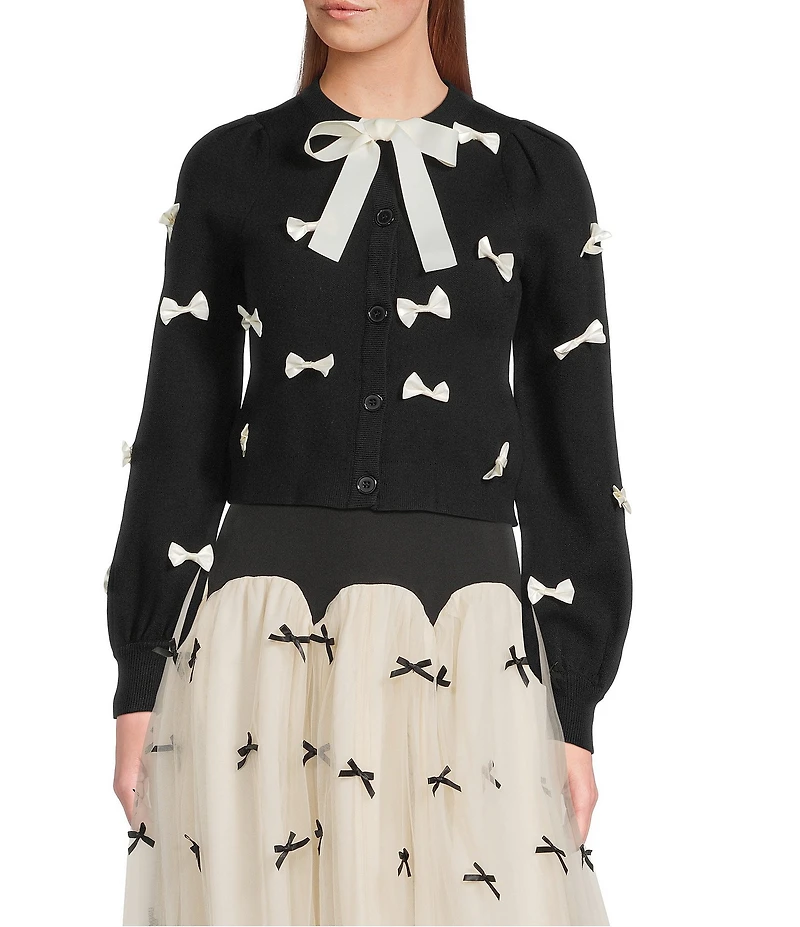 Never Fully Dressed Sophie Crew Neck Long Sleeve Contrast Bow Cardigan