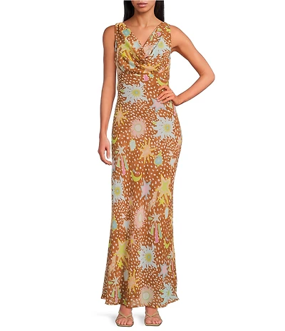 Never Fully Dressed Sophie Star Fawn Print Cowl Neck Sleevless Maxi Dress