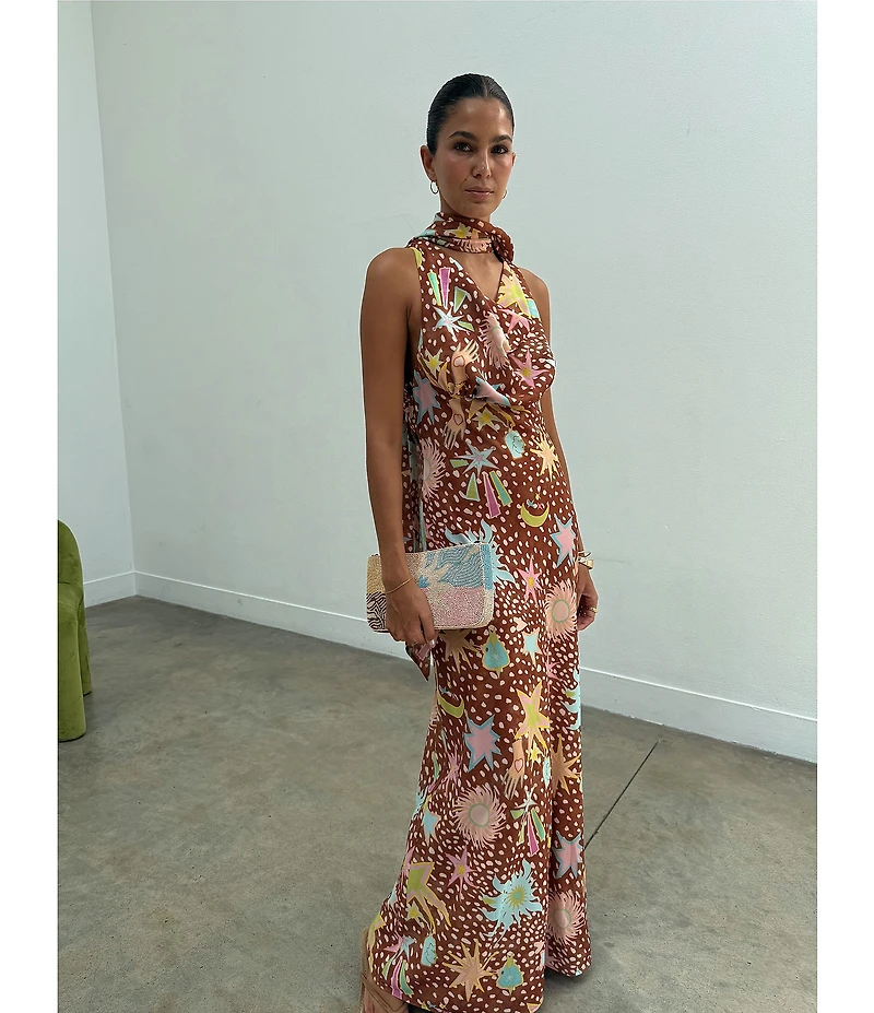 Never Fully Dressed Sophie Star Fawn Print Cowl Neck Sleevless Maxi Dress