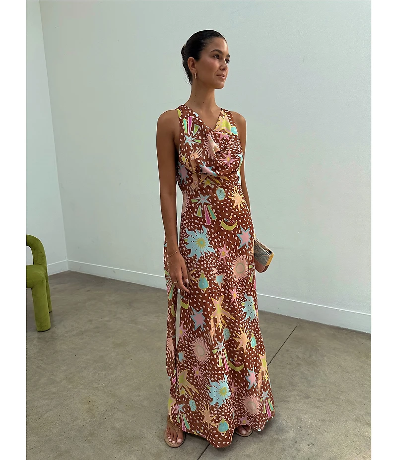 Never Fully Dressed Sophie Star Fawn Print Cowl Neck Sleevless Maxi Dress