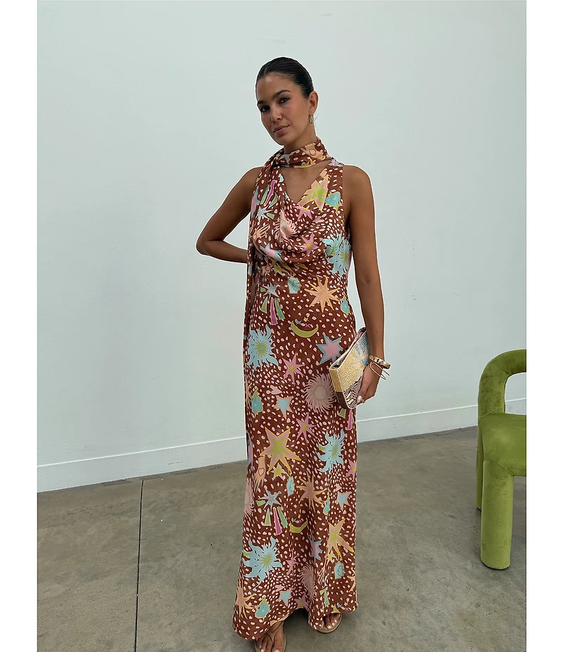 Never Fully Dressed Sophie Star Fawn Print Cowl Neck Sleevless Maxi Dress
