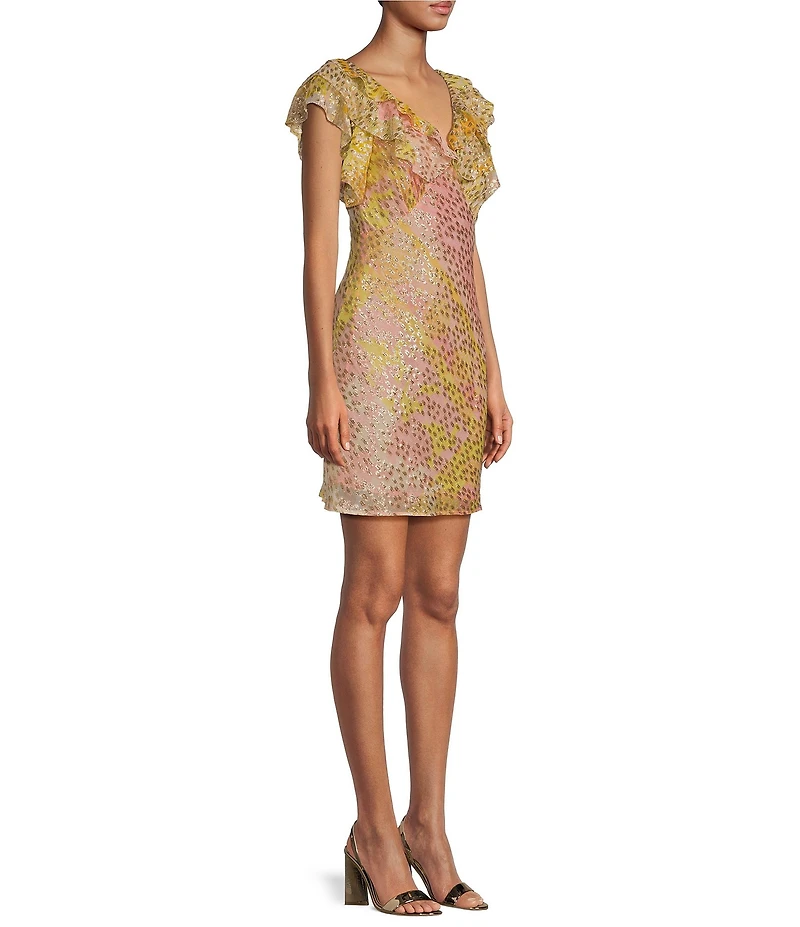 Never Fully Dressed Tilda Boho Ruffled Deep V-Neck Short Sleeve Mini Dress