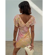 Never Fully Dressed Tilda Boho Ruffled Deep V-Neck Short Sleeve Mini Dress