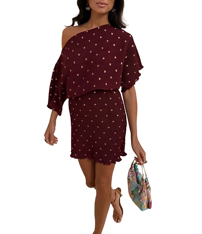 Never Fully Dressed Tilly Burgundy Gold Fleck Plisse Off Shoulder Short Sleeve Mini Dress