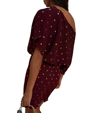 Never Fully Dressed Tilly Burgundy Gold Fleck Plisse Off Shoulder Short Sleeve Mini Dress