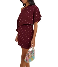 Never Fully Dressed Tilly Burgundy Gold Fleck Plisse Off Shoulder Short Sleeve Mini Dress