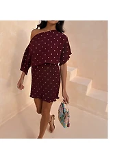 Never Fully Dressed Tilly Burgundy Gold Fleck Plisse Off Shoulder Short Sleeve Mini Dress