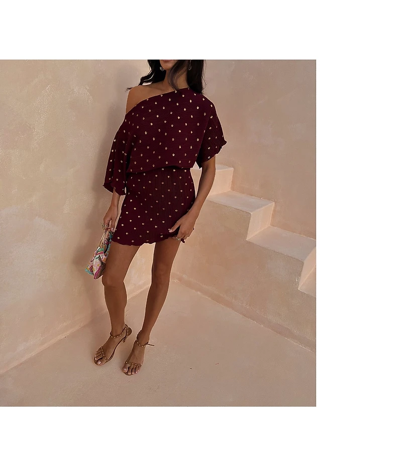 Never Fully Dressed Tilly Burgundy Gold Fleck Plisse Off Shoulder Short Sleeve Mini Dress