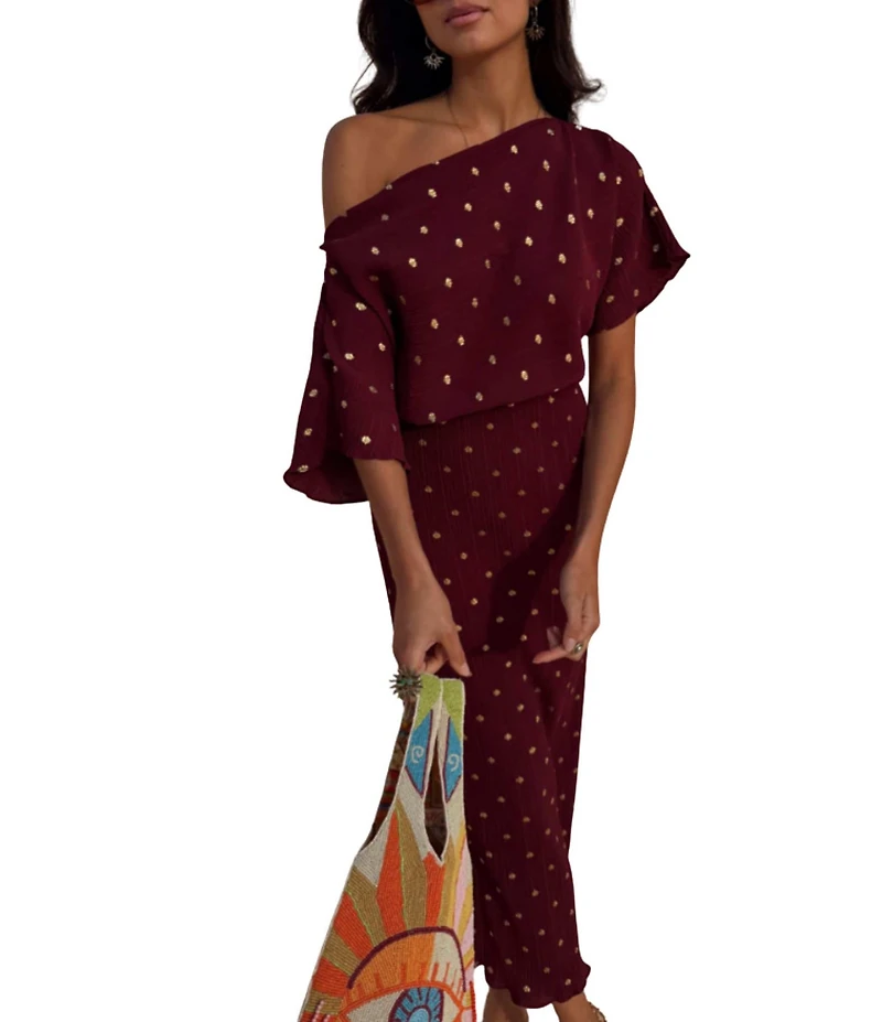 Never Fully Dressed Tilly Burgundy Gold Fleck Plisse One Shoulder Short Sleeve Maxi Dress
