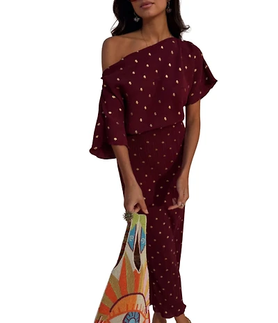 Never Fully Dressed Tilly Burgundy Gold Fleck Plisse One Shoulder Short Sleeve Maxi Dress