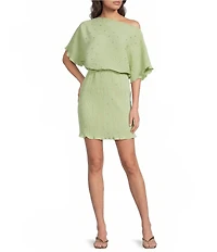 Never Fully Dressed Tilly Gold Fleck Plisse Off Shoulder Short Sleeve Mini Dress