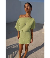 Never Fully Dressed Tilly Gold Fleck Plisse Off Shoulder Short Sleeve Mini Dress