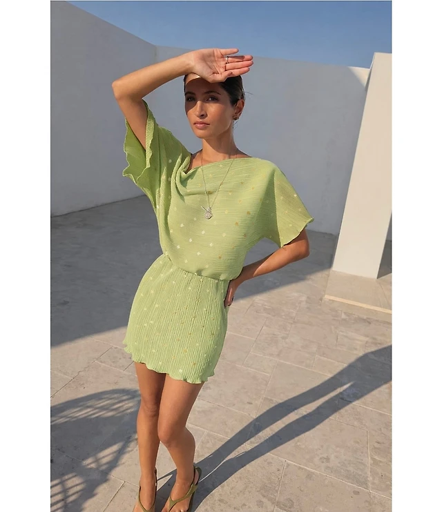 Never Fully Dressed Tilly Gold Fleck Plisse Off Shoulder Short Sleeve Mini Dress