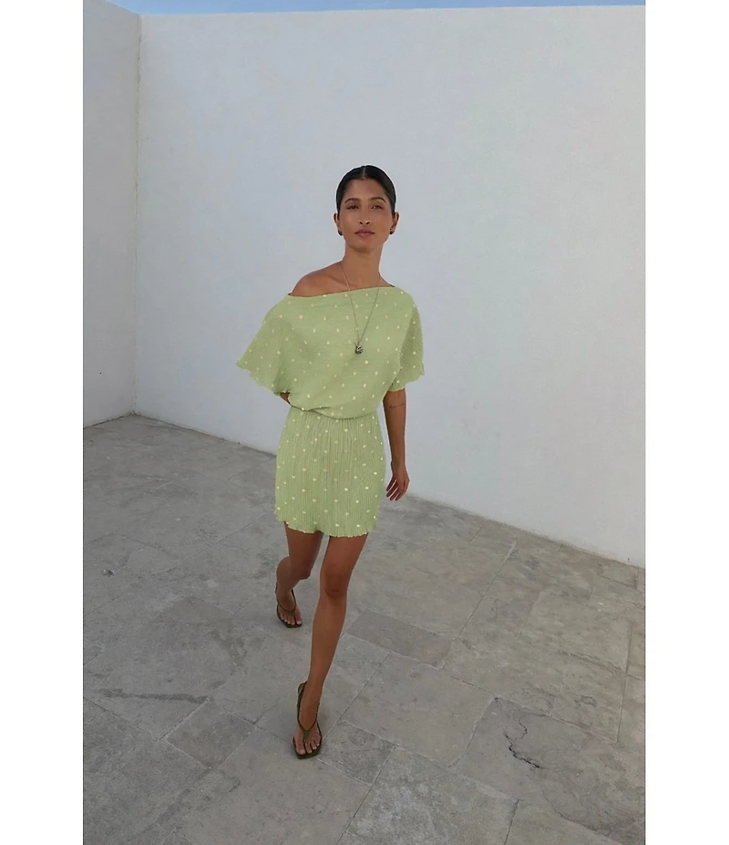 Never Fully Dressed Tilly Gold Fleck Plisse Off Shoulder Short Sleeve Mini Dress