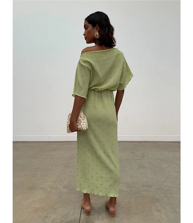 Never Fully Dressed Tilly Plisse Gold Fleck Print One Shoulder Neck Short Sleeve Maxi Dress | Liberty Center Never Fully Dressed Tilly Plisse Gold Fleck Print One Shoulder Neck Short Sleeve Maxi Dress | Liberty Center