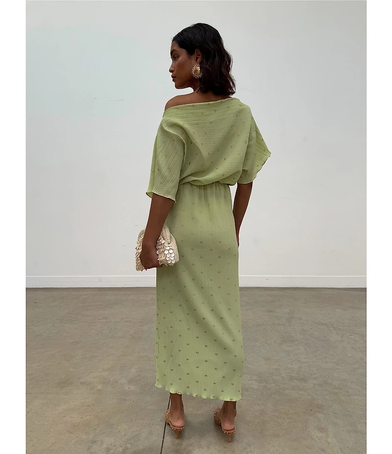 Never Fully Dressed Tilly Plisse Gold Fleck Print One Shoulder Neck Short Sleeve Maxi Dress