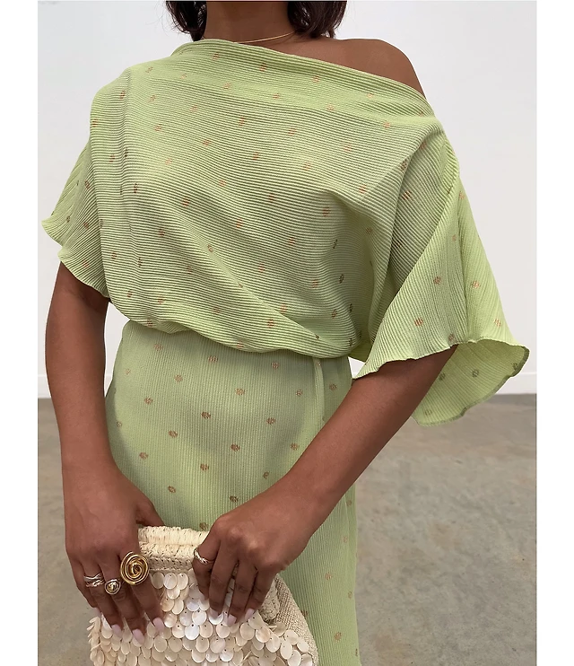 Never Fully Dressed Tilly Plisse Gold Fleck Print One Shoulder Neck Short Sleeve Maxi Dress | Liberty Center Never Fully Dressed Tilly Plisse Gold Fleck Print One Shoulder Neck Short Sleeve Maxi Dress | Liberty Center